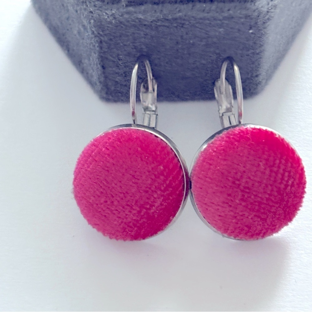 Pink Velvet Fabric Button Stainless Steel Earrings, NWT, Handmade, Unworn